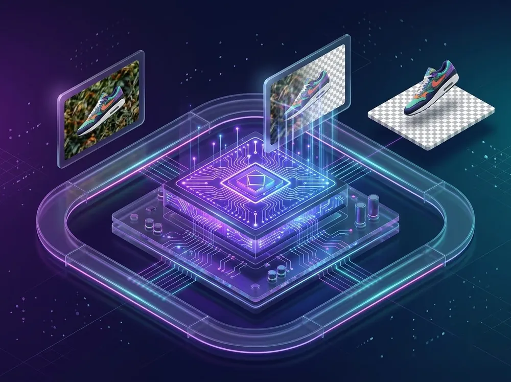 Illustration of product photos passing through an AI chip and coming out as transparent cutouts