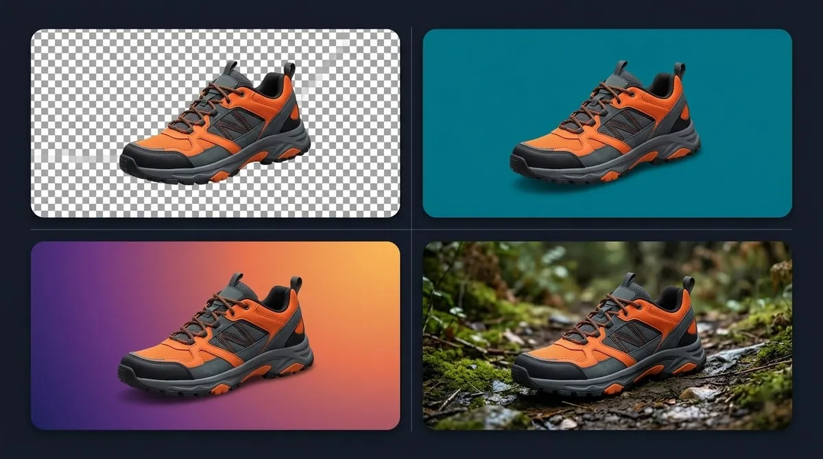 The same sneaker cutout on a transparent, solid colour, gradient and scene background