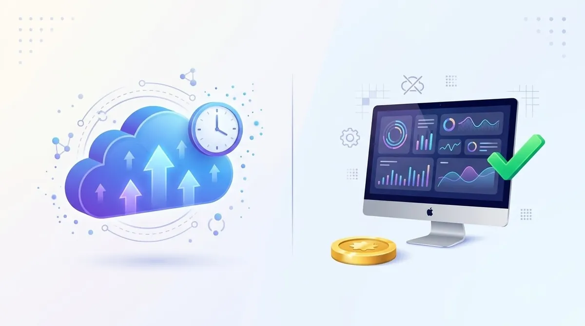 Cloud upload with a clock on one side and a Mac processing images locally on the other