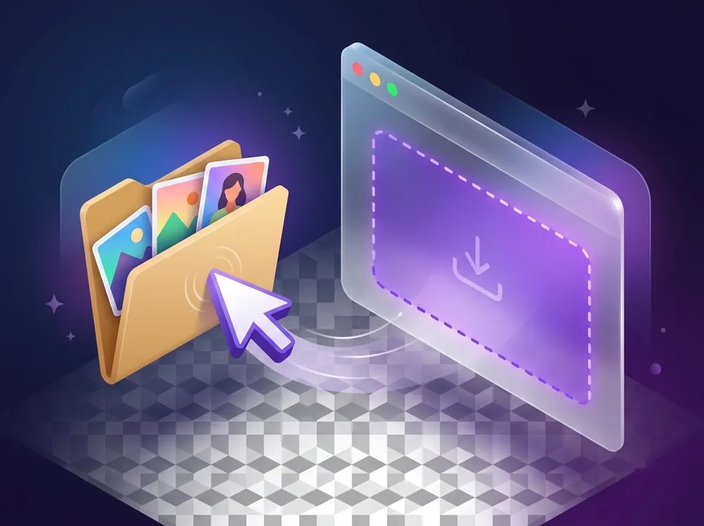 Illustration of a folder of photos being dragged into an app window drop zone