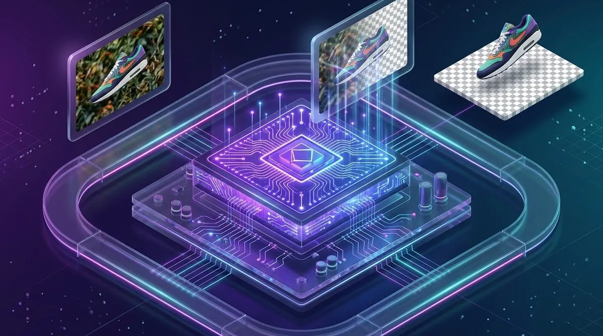 Illustration of product photos passing through an AI chip and coming out as transparent cutouts