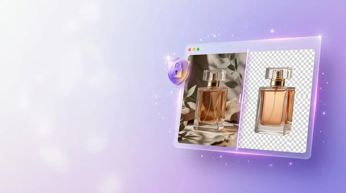 Browser window showing a perfume bottle photo split into the original and a transparent-background cutout
