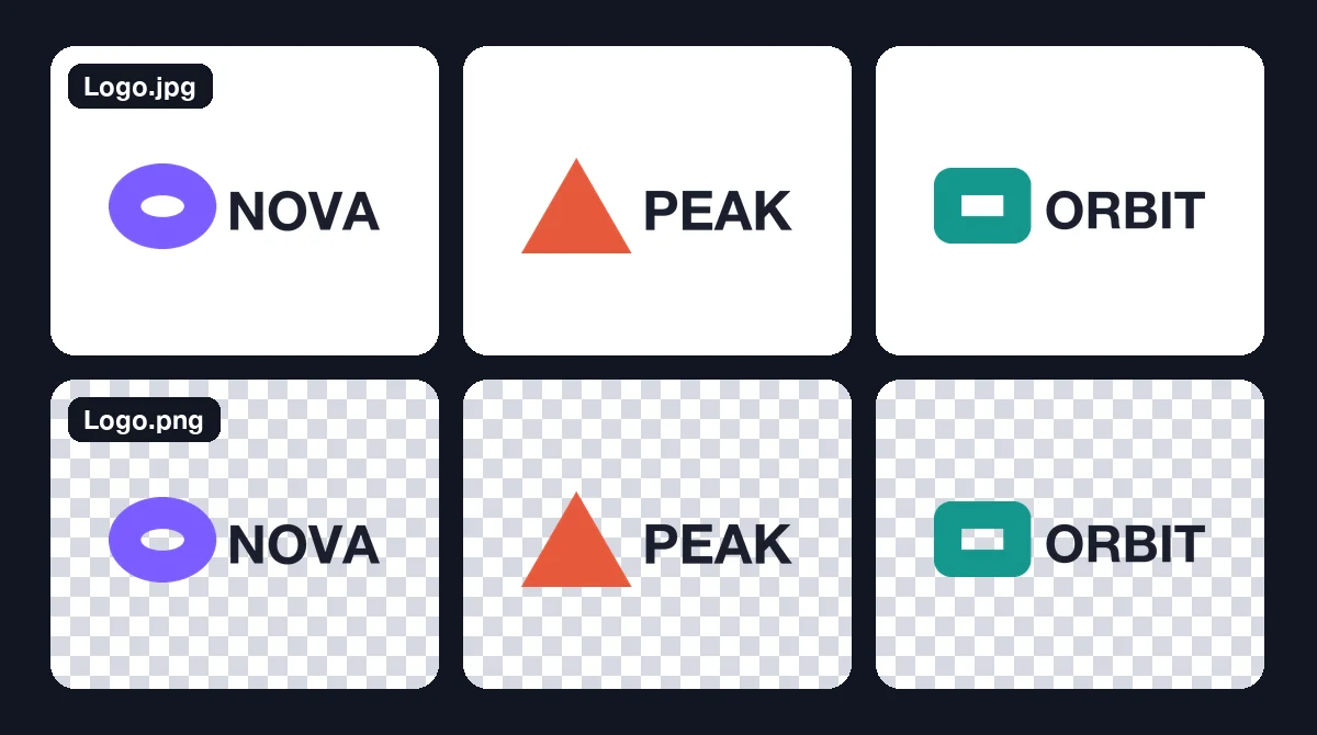 Three example logos on white JPG backgrounds above the same logos as transparent PNGs