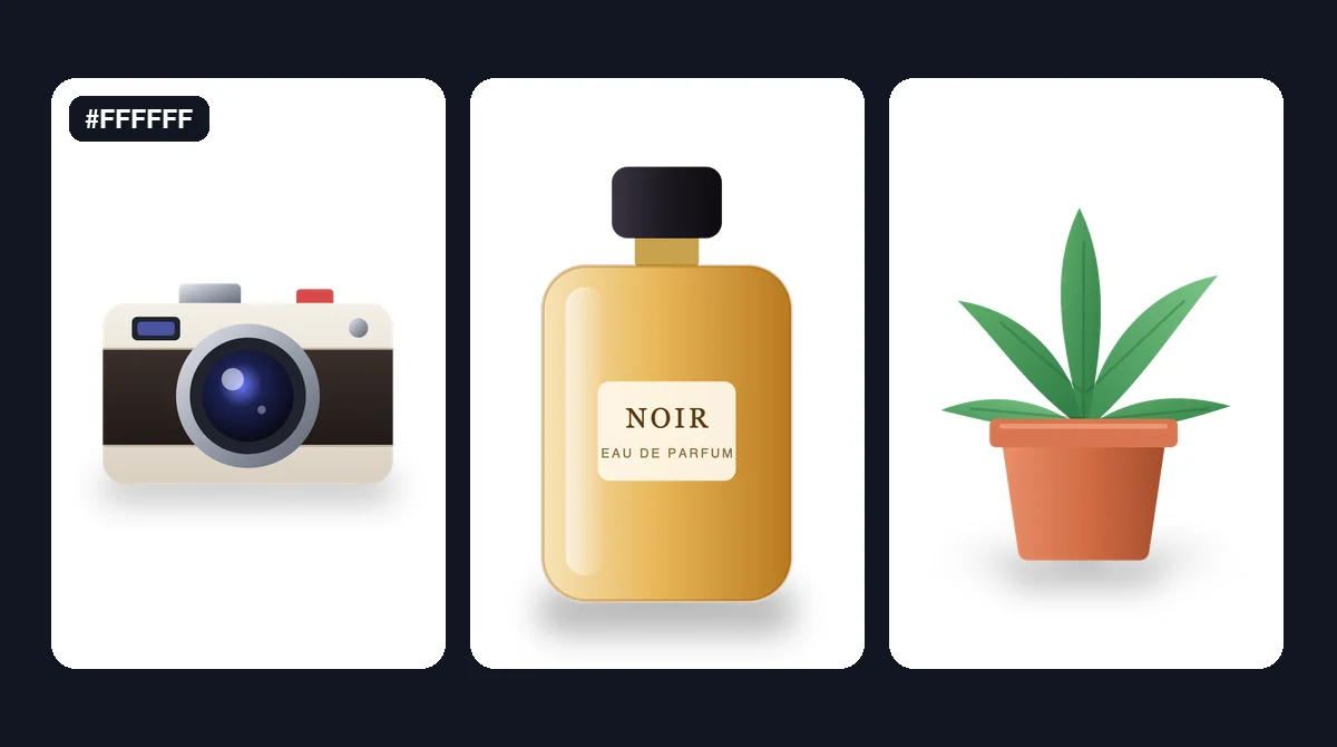 A camera, a perfume bottle and a potted plant, each on a pure white background with a soft shadow