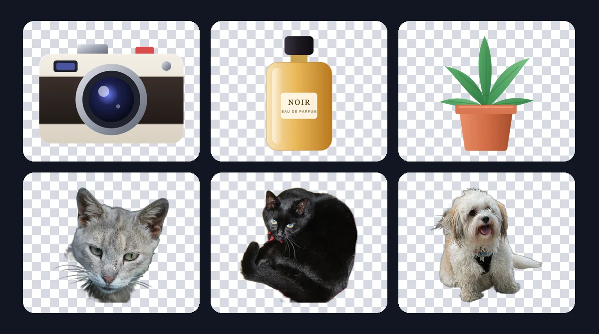 Six cutouts on transparent checkerboard tiles: camera, perfume bottle, plant, grey cat, black cat and dog