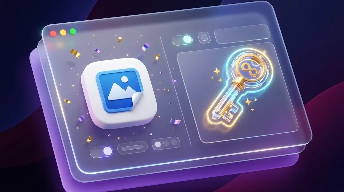 Glass app window with the app icon next to a glowing license key
