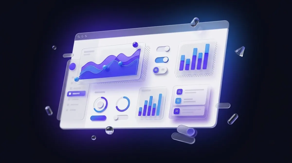 Glass dashboard card with charts and toggles, illustrating a simple editing app