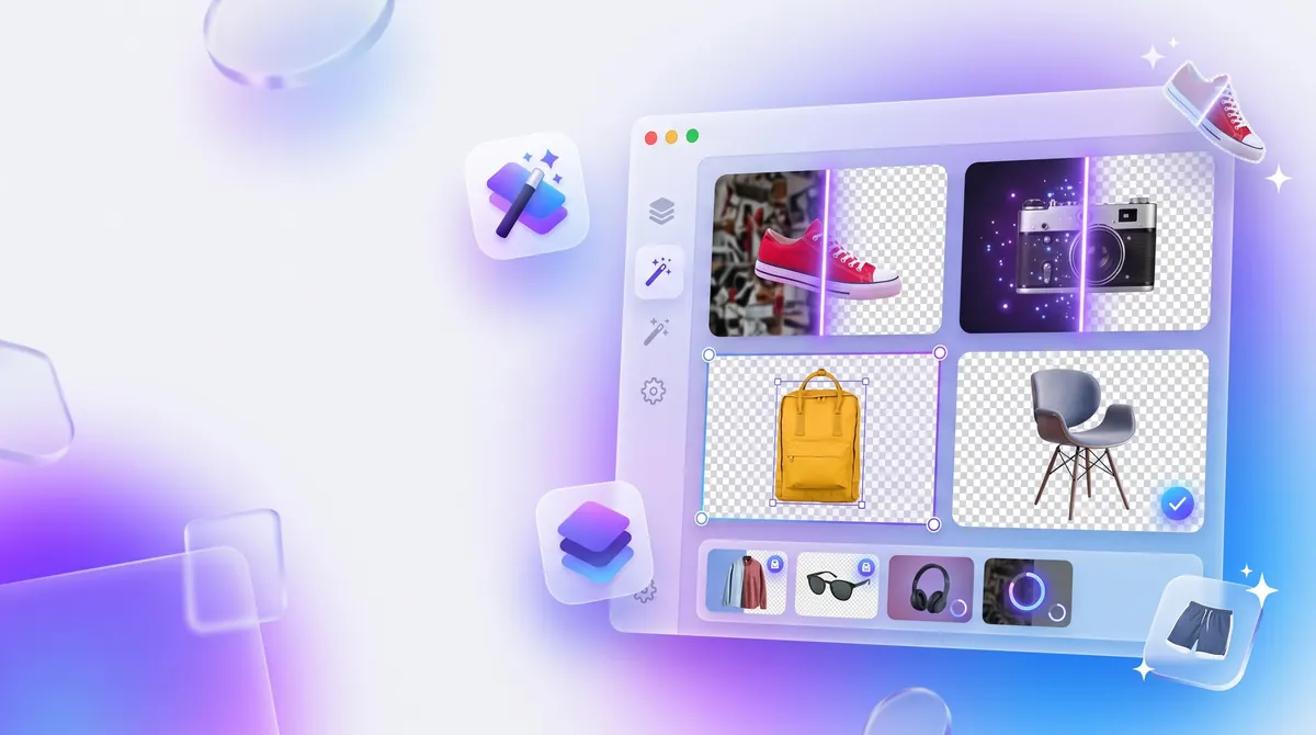 Illustration of a batch of product photos with their backgrounds removed in an app window
