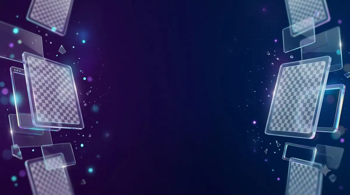 Floating translucent photo cards with transparent backgrounds on a purple gradient