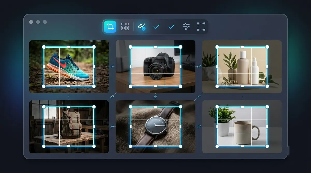 Crop frames applied to six product photos at once in an app window