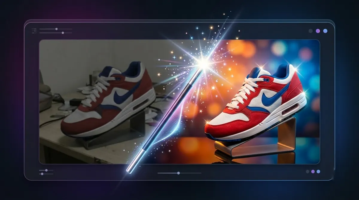 Illustration of a magic wand turning a dull sneaker photo into a bright, sharp one