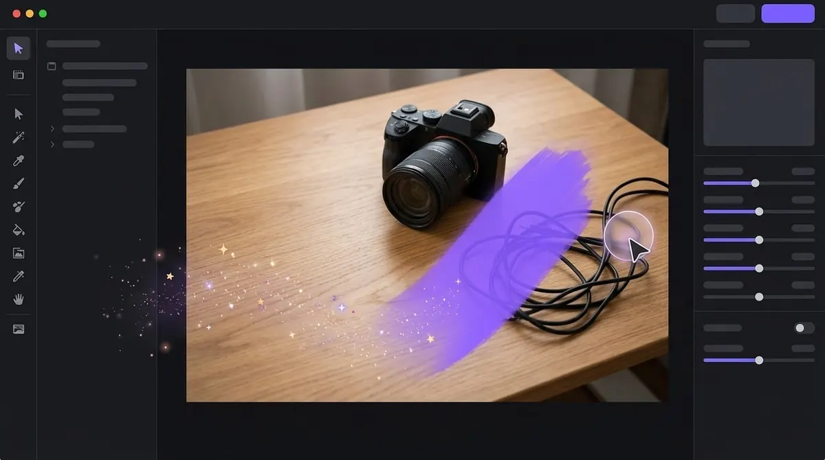 Illustration of a purple brush stroke painting over a cable on a desk photo in an image editor