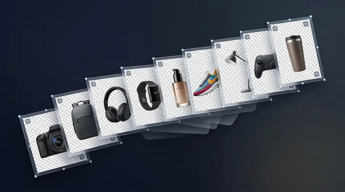 A fanned stack of product cutouts: camera, backpack, headphones, watch, bottle, sneaker, lamp and controller